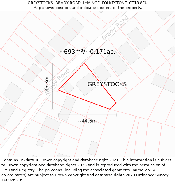 GREYSTOCKS, BRADY ROAD, LYMINGE, FOLKESTONE, CT18 8EU: Plot and title map