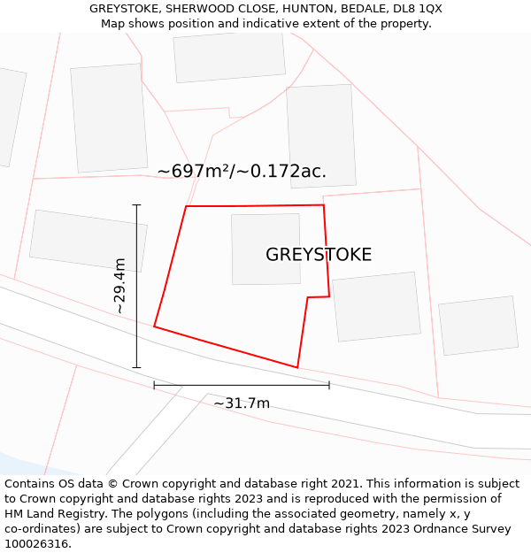 GREYSTOKE, SHERWOOD CLOSE, HUNTON, BEDALE, DL8 1QX: Plot and title map