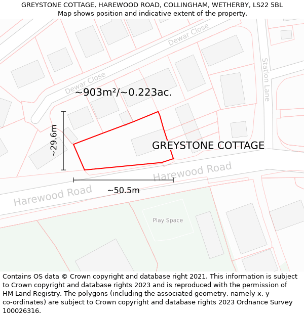 GREYSTONE COTTAGE, HAREWOOD ROAD, COLLINGHAM, WETHERBY, LS22 5BL: Plot and title map