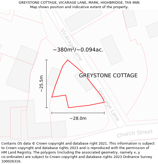 GREYSTONE COTTAGE, VICARAGE LANE, MARK, HIGHBRIDGE, TA9 4NN: Plot and title map