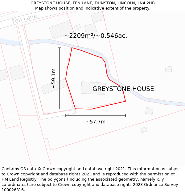 GREYSTONE HOUSE, FEN LANE, DUNSTON, LINCOLN, LN4 2HB: Plot and title map