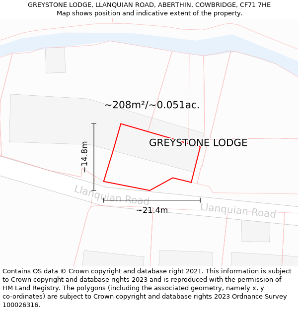 GREYSTONE LODGE, LLANQUIAN ROAD, ABERTHIN, COWBRIDGE, CF71 7HE: Plot and title map
