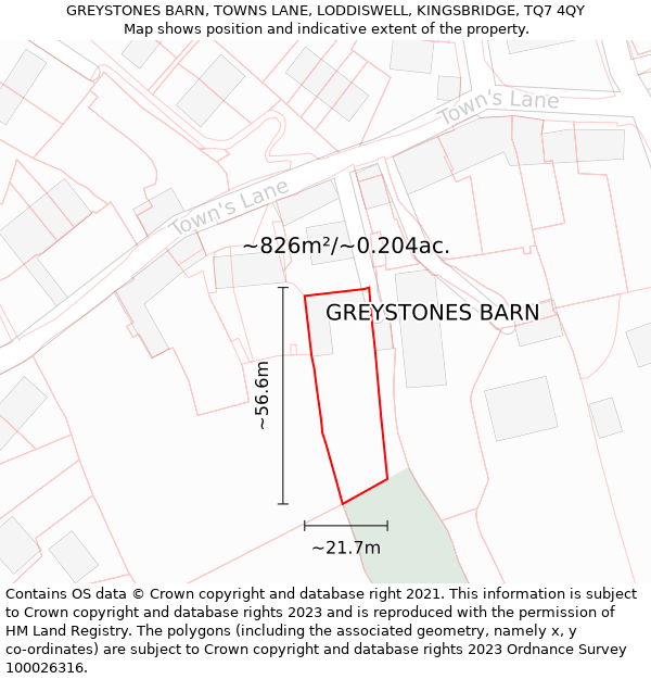 GREYSTONES BARN, TOWNS LANE, LODDISWELL, KINGSBRIDGE, TQ7 4QY: Plot and title map