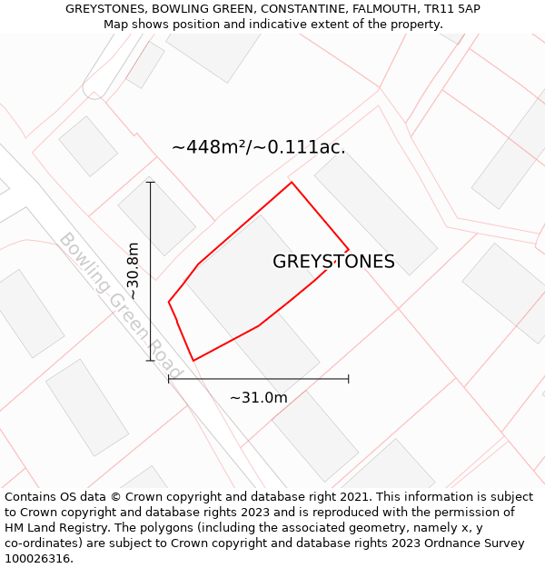 GREYSTONES, BOWLING GREEN, CONSTANTINE, FALMOUTH, TR11 5AP: Plot and title map