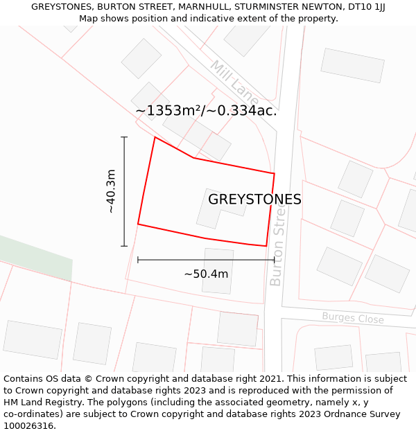 GREYSTONES, BURTON STREET, MARNHULL, STURMINSTER NEWTON, DT10 1JJ: Plot and title map