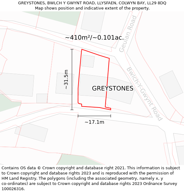 GREYSTONES, BWLCH Y GWYNT ROAD, LLYSFAEN, COLWYN BAY, LL29 8DQ: Plot and title map