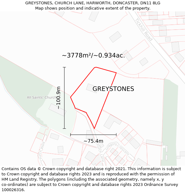 GREYSTONES, CHURCH LANE, HARWORTH, DONCASTER, DN11 8LG: Plot and title map