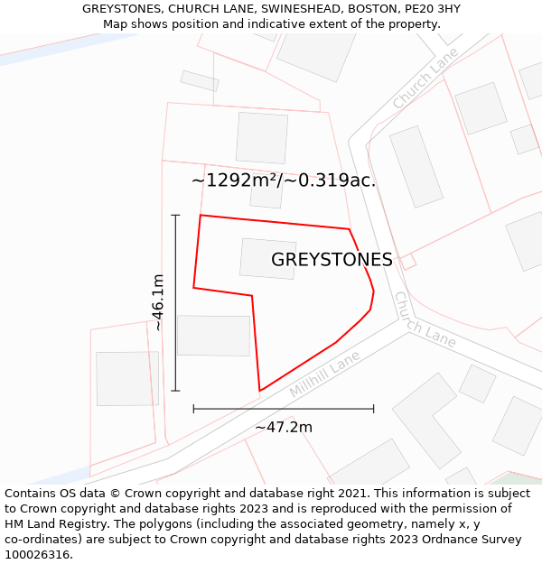 GREYSTONES, CHURCH LANE, SWINESHEAD, BOSTON, PE20 3HY: Plot and title map