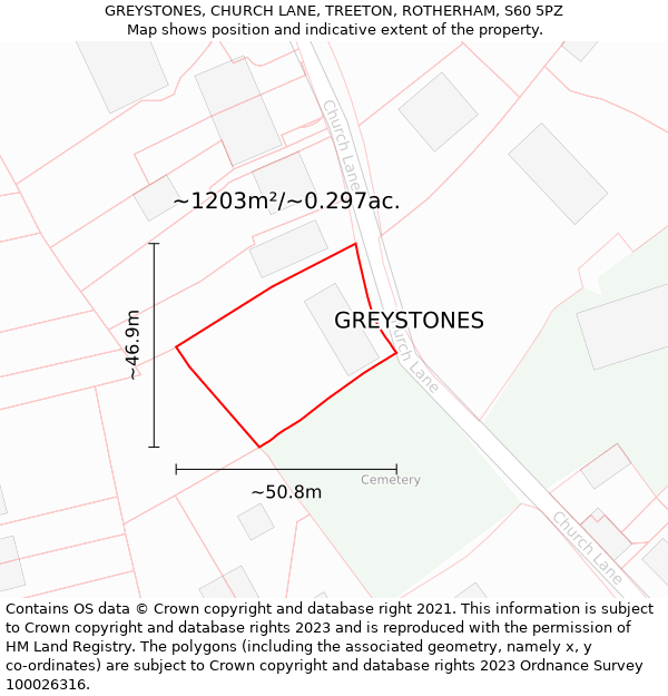 GREYSTONES, CHURCH LANE, TREETON, ROTHERHAM, S60 5PZ: Plot and title map