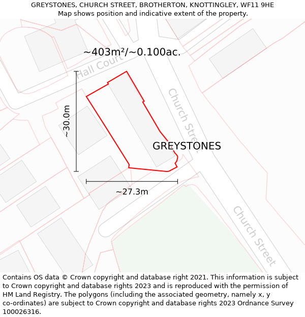 GREYSTONES, CHURCH STREET, BROTHERTON, KNOTTINGLEY, WF11 9HE: Plot and title map