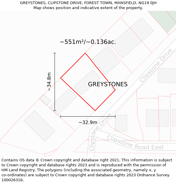 GREYSTONES, CLIPSTONE DRIVE, FOREST TOWN, MANSFIELD, NG19 0JH: Plot and title map