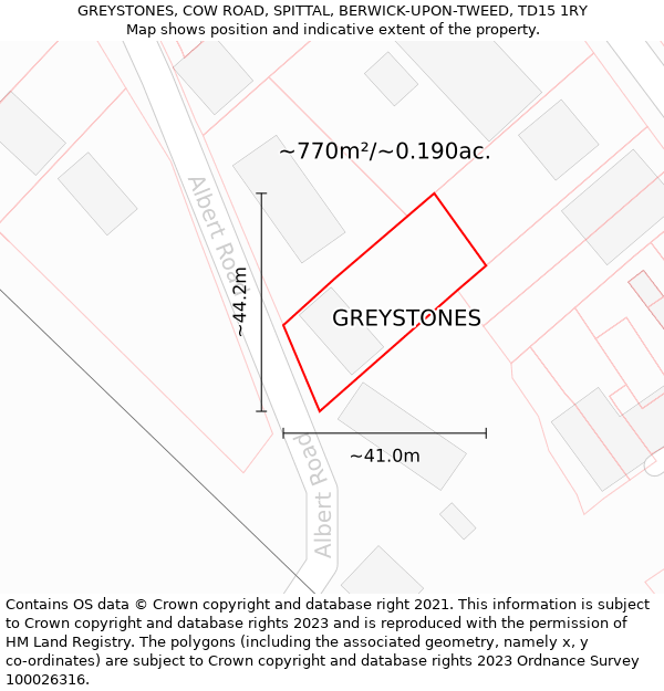 GREYSTONES, COW ROAD, SPITTAL, BERWICK-UPON-TWEED, TD15 1RY: Plot and title map