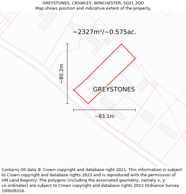 GREYSTONES, CRAWLEY, WINCHESTER, SO21 2QD: Plot and title map