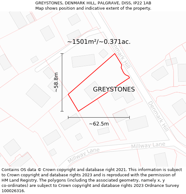 GREYSTONES, DENMARK HILL, PALGRAVE, DISS, IP22 1AB: Plot and title map