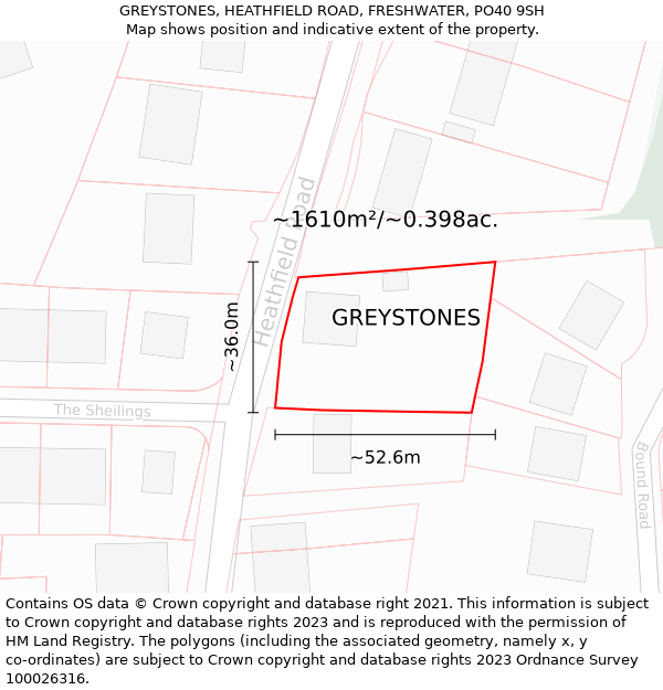 GREYSTONES, HEATHFIELD ROAD, FRESHWATER, PO40 9SH: Plot and title map