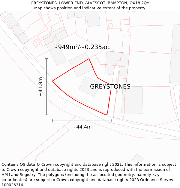 GREYSTONES, LOWER END, ALVESCOT, BAMPTON, OX18 2QA: Plot and title map