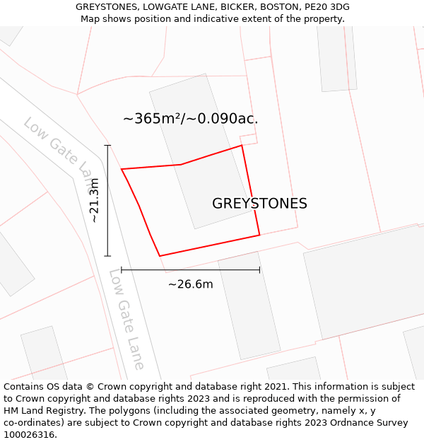 GREYSTONES, LOWGATE LANE, BICKER, BOSTON, PE20 3DG: Plot and title map