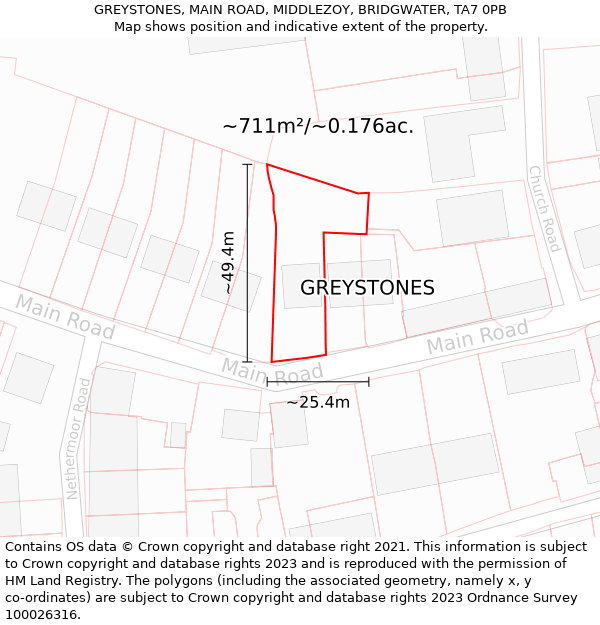 GREYSTONES, MAIN ROAD, MIDDLEZOY, BRIDGWATER, TA7 0PB: Plot and title map