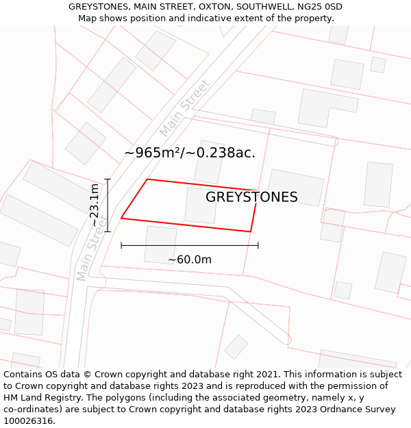 GREYSTONES, MAIN STREET, OXTON, SOUTHWELL, NG25 0SD: Plot and title map
