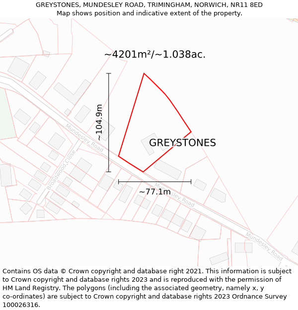 GREYSTONES, MUNDESLEY ROAD, TRIMINGHAM, NORWICH, NR11 8ED: Plot and title map