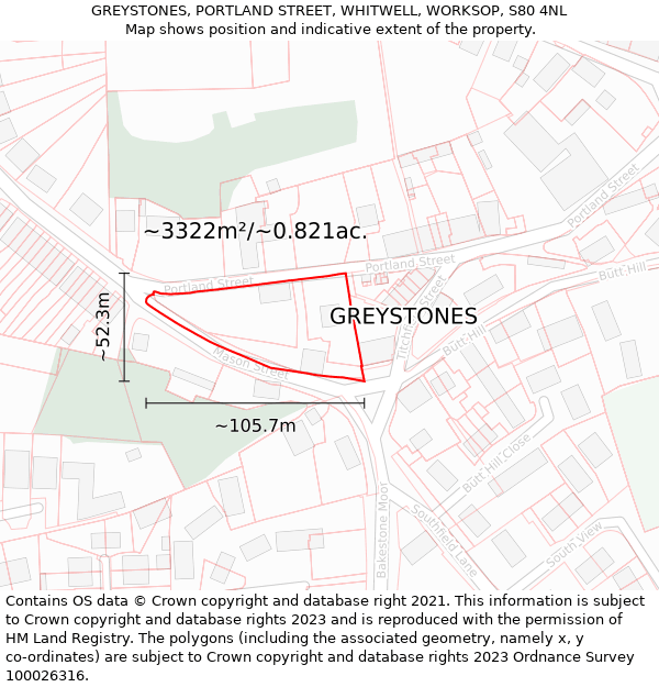 GREYSTONES, PORTLAND STREET, WHITWELL, WORKSOP, S80 4NL: Plot and title map