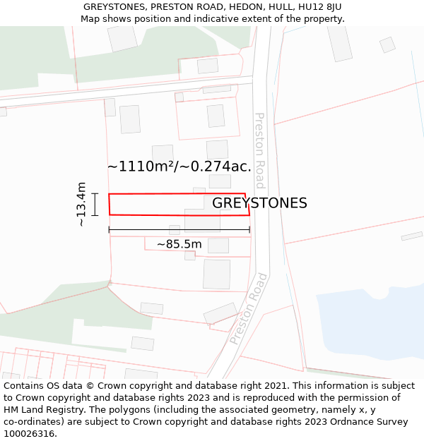 GREYSTONES, PRESTON ROAD, HEDON, HULL, HU12 8JU: Plot and title map