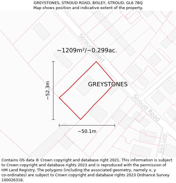 GREYSTONES, STROUD ROAD, BISLEY, STROUD, GL6 7BQ: Plot and title map