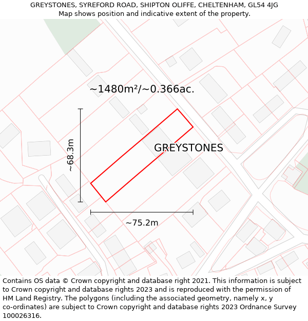 GREYSTONES, SYREFORD ROAD, SHIPTON OLIFFE, CHELTENHAM, GL54 4JG: Plot and title map