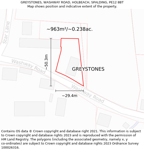 GREYSTONES, WASHWAY ROAD, HOLBEACH, SPALDING, PE12 8BT: Plot and title map