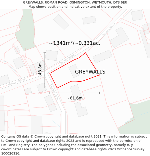 GREYWALLS, ROMAN ROAD, OSMINGTON, WEYMOUTH, DT3 6ER: Plot and title map