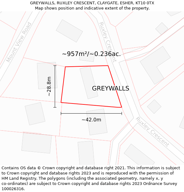 GREYWALLS, RUXLEY CRESCENT, CLAYGATE, ESHER, KT10 0TX: Plot and title map