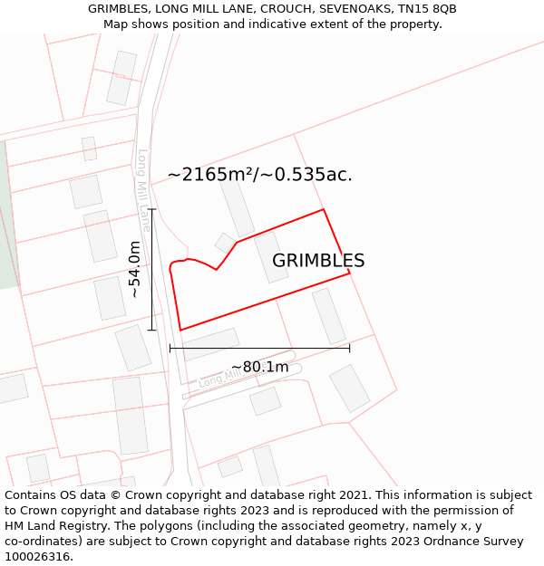 GRIMBLES, LONG MILL LANE, CROUCH, SEVENOAKS, TN15 8QB: Plot and title map