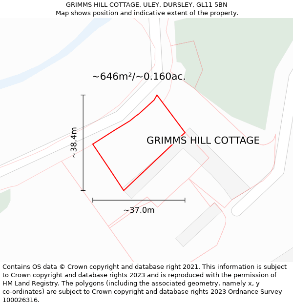 GRIMMS HILL COTTAGE, ULEY, DURSLEY, GL11 5BN: Plot and title map