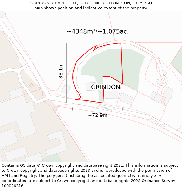 GRINDON, CHAPEL HILL, UFFCULME, CULLOMPTON, EX15 3AQ: Plot and title map