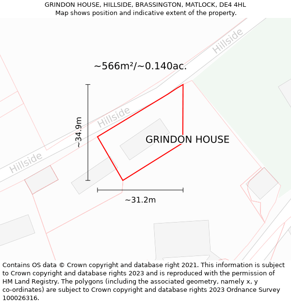 GRINDON HOUSE, HILLSIDE, BRASSINGTON, MATLOCK, DE4 4HL: Plot and title map