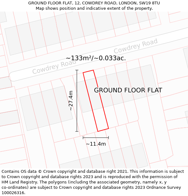 GROUND FLOOR FLAT, 12, COWDREY ROAD, LONDON, SW19 8TU: Plot and title map