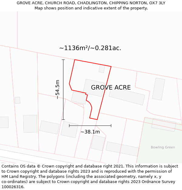 GROVE ACRE, CHURCH ROAD, CHADLINGTON, CHIPPING NORTON, OX7 3LY: Plot and title map