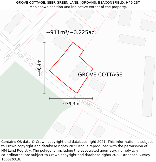 GROVE COTTAGE, SEER GREEN LANE, JORDANS, BEACONSFIELD, HP9 2ST: Plot and title map