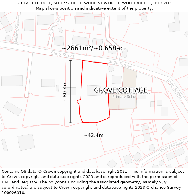 GROVE COTTAGE, SHOP STREET, WORLINGWORTH, WOODBRIDGE, IP13 7HX: Plot and title map