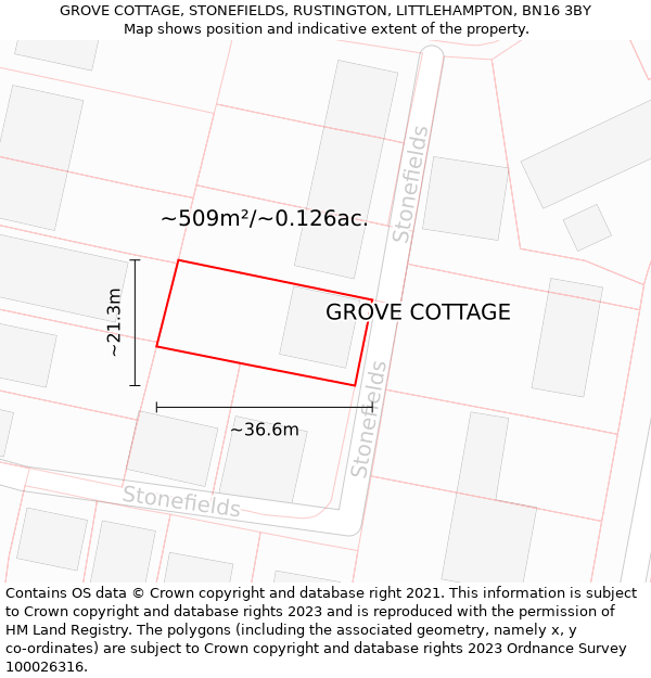 GROVE COTTAGE, STONEFIELDS, RUSTINGTON, LITTLEHAMPTON, BN16 3BY: Plot and title map