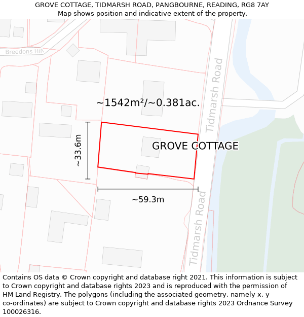 GROVE COTTAGE, TIDMARSH ROAD, PANGBOURNE, READING, RG8 7AY: Plot and title map