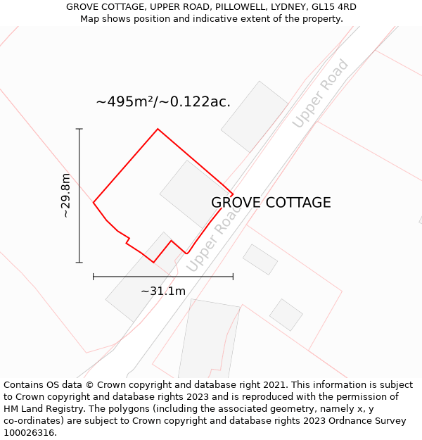GROVE COTTAGE, UPPER ROAD, PILLOWELL, LYDNEY, GL15 4RD: Plot and title map