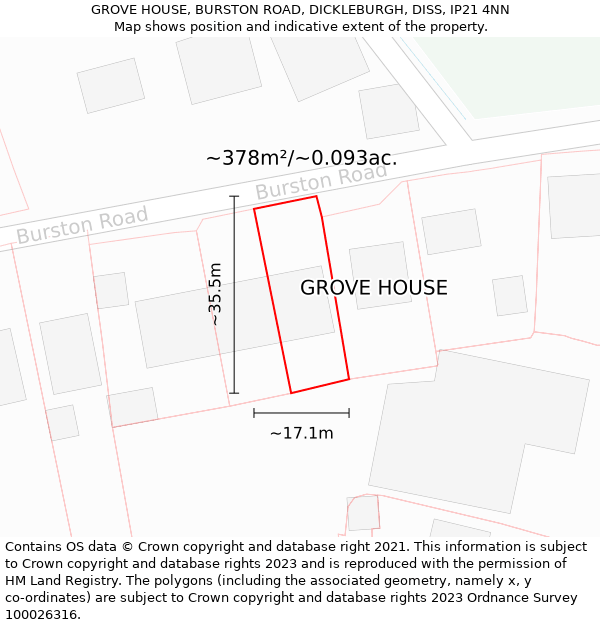 GROVE HOUSE, BURSTON ROAD, DICKLEBURGH, DISS, IP21 4NN: Plot and title map