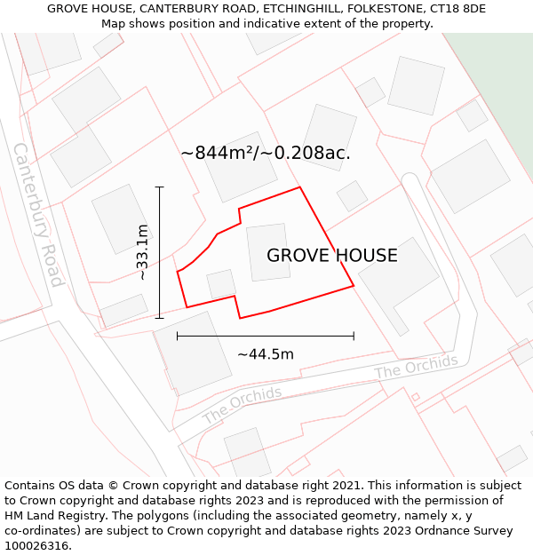 GROVE HOUSE, CANTERBURY ROAD, ETCHINGHILL, FOLKESTONE, CT18 8DE: Plot and title map