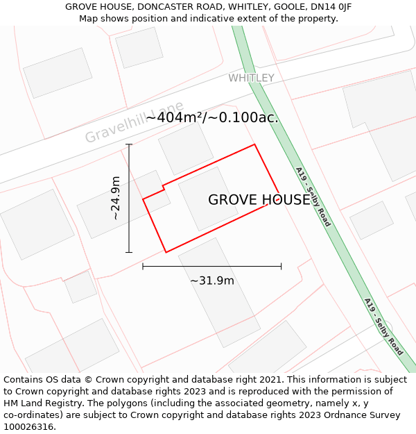 GROVE HOUSE, DONCASTER ROAD, WHITLEY, GOOLE, DN14 0JF: Plot and title map