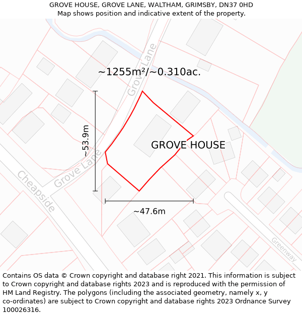GROVE HOUSE, GROVE LANE, WALTHAM, GRIMSBY, DN37 0HD: Plot and title map