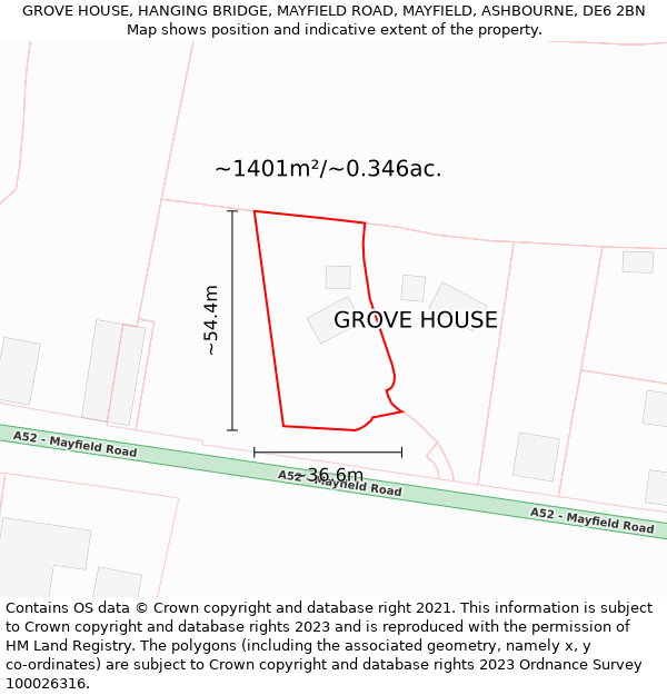 GROVE HOUSE, HANGING BRIDGE, MAYFIELD ROAD, MAYFIELD, ASHBOURNE, DE6 2BN: Plot and title map