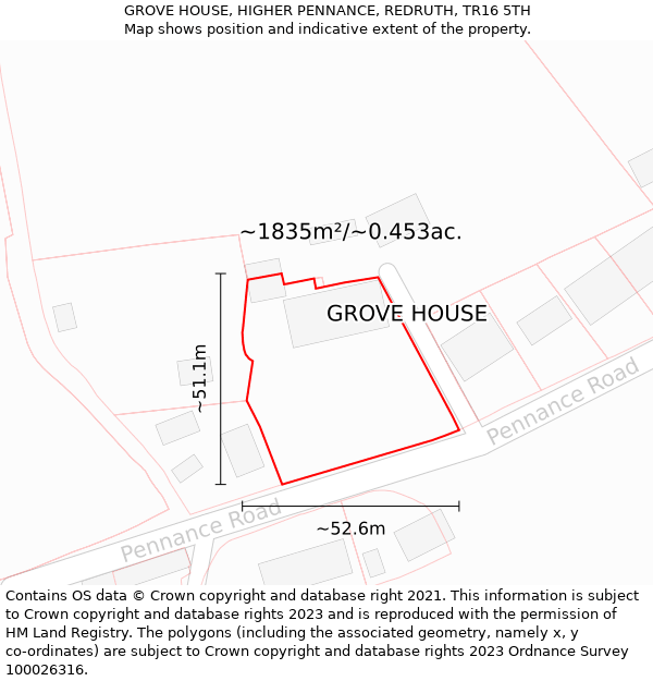 GROVE HOUSE, HIGHER PENNANCE, REDRUTH, TR16 5TH: Plot and title map