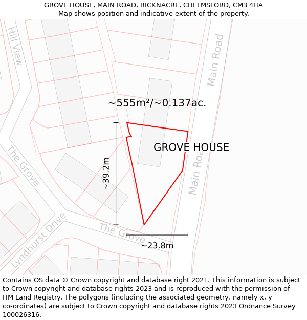 GROVE HOUSE, MAIN ROAD, BICKNACRE, CHELMSFORD, CM3 4HA: Plot and title map