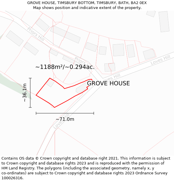 GROVE HOUSE, TIMSBURY BOTTOM, TIMSBURY, BATH, BA2 0EX: Plot and title map